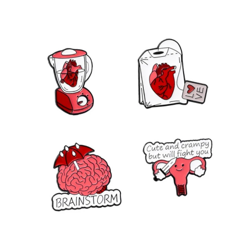 Funny cartoon anatomical human organ enamel badge medical brain heart uterus pins