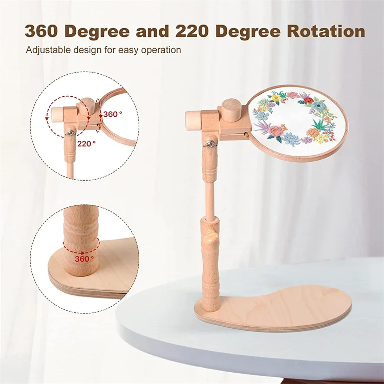 Hands Free Sewing Craft Beech Wood Needlework Cross Stitch Stand Holder Adjustable Rotated Embroidery Hoop Floor Stand