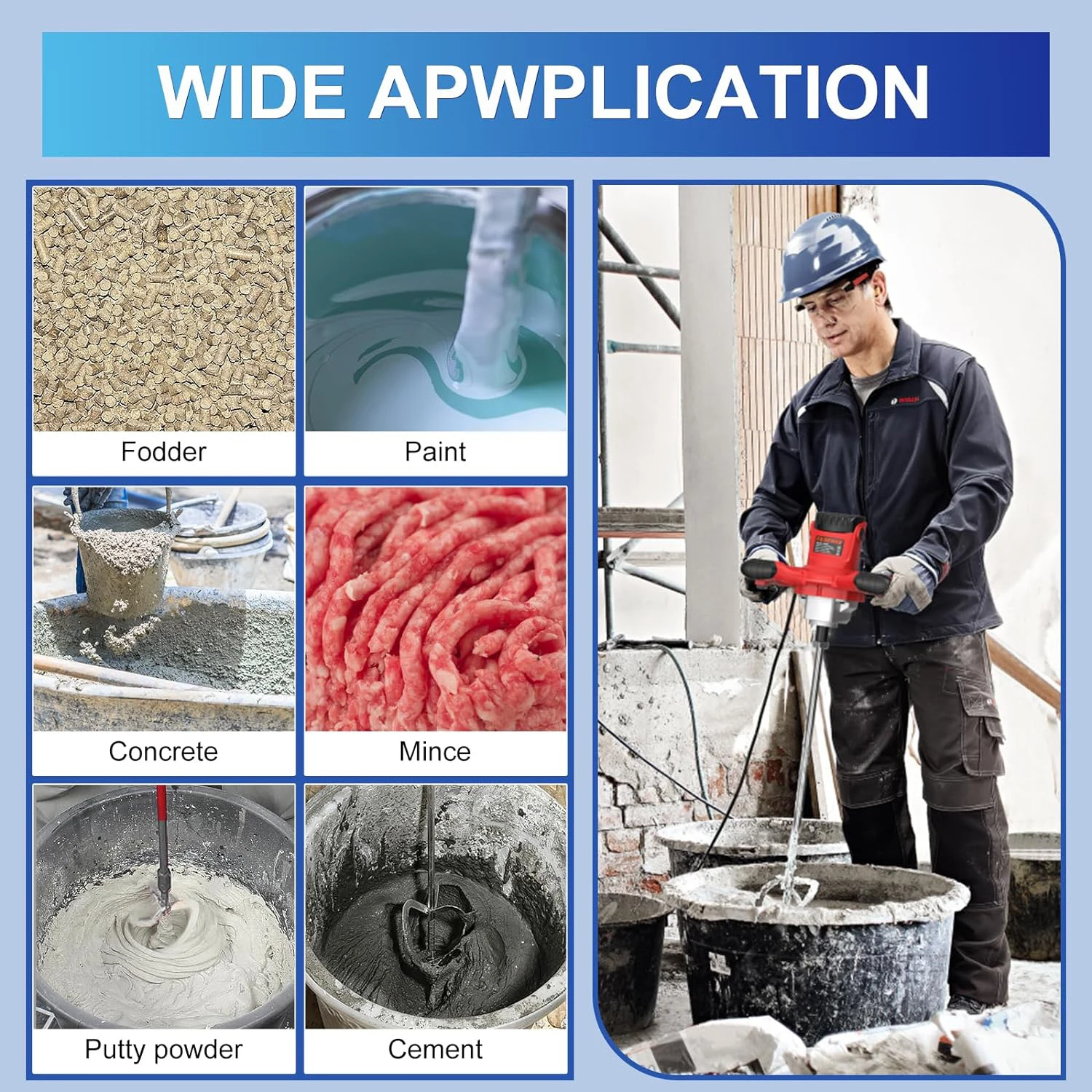 1600W Adjustable Speed Handheld Electric Concrete Mixer DIY Grade Cement Mortar Grout Plaster Drill with Battery Power Source