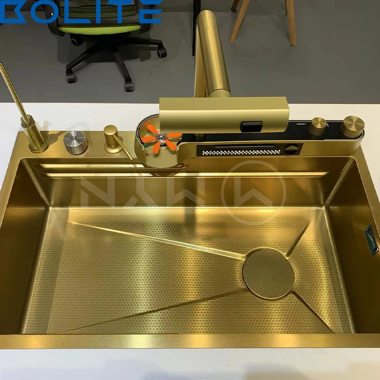 Waterfall Style Kitchen Sink Gold 304 Stainless Steel Modern Multifunctional Large Kitchen Sink