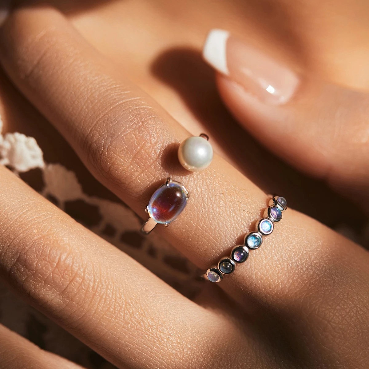 S925 sterling silver French style Shijia crystal pearl ring, female actress elegant moonlight stone adjustable ring