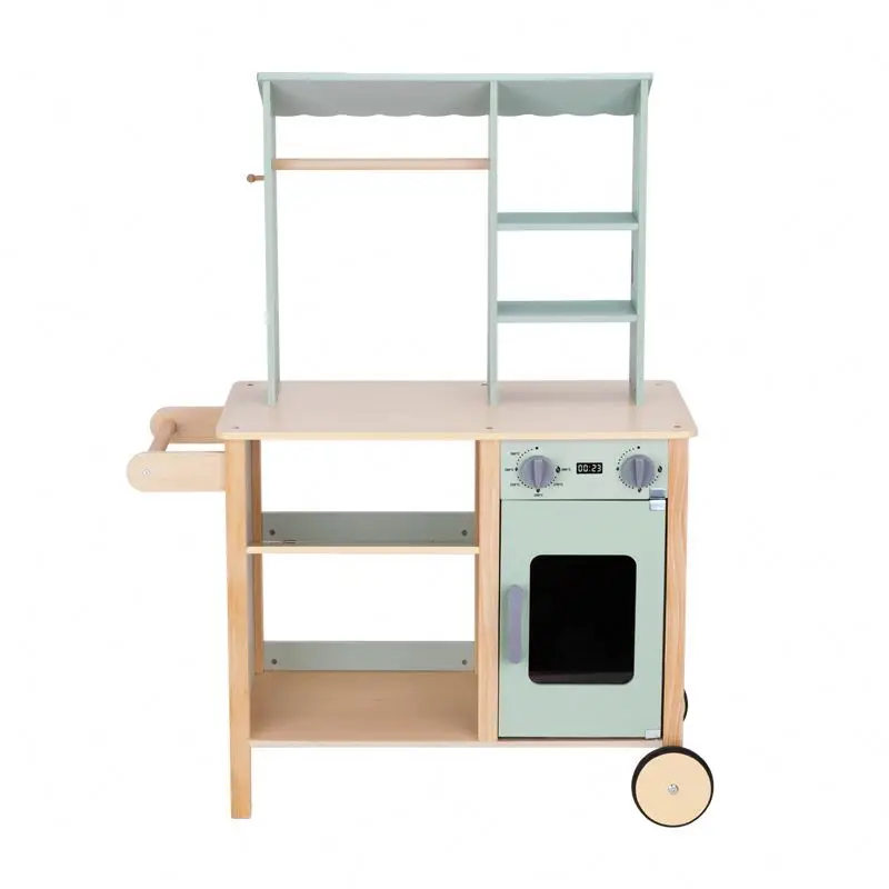 Children play grocery store toy wooden kitchen toy stall cash register sale shelf shop cart trolley set