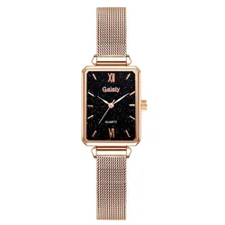 Customized Low MOQ Fashion Square Ladies Quartz Watch Bracelet Set Green Dial Simple Rose Gold Mesh Luxury Women Watches