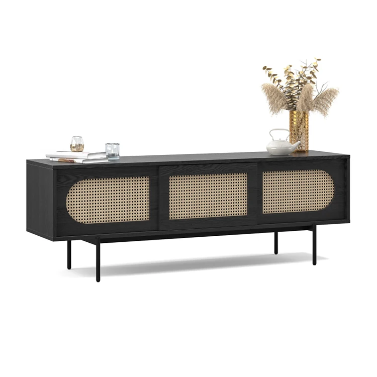 Modern Nordic Natural Rattan Wood 3 Door TV  Console Stand Cabinet for Living Room
