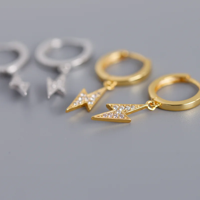 Ray Cz Gold Hoop Earrings In 18K Gold  925 Sterling Silver Lightning Bolt  Drop Earrings Flash Gold Jewelry