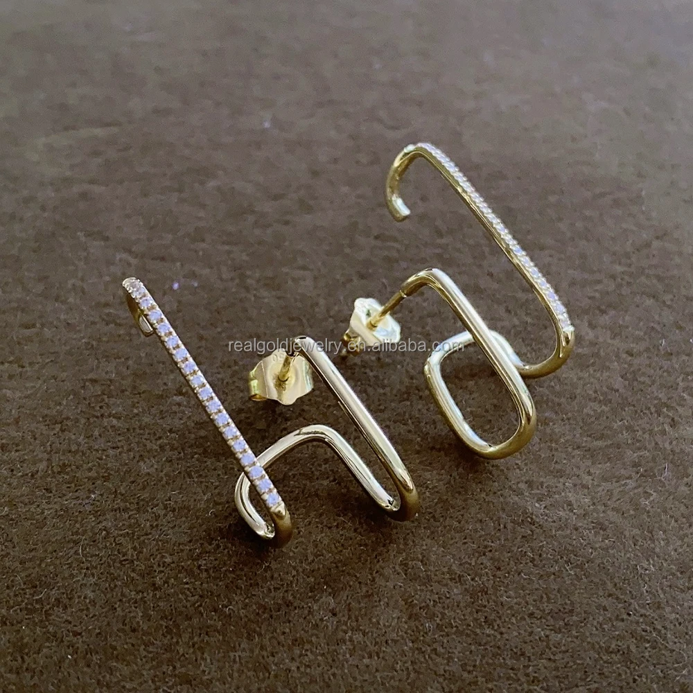 Unique Design Au585 14k Real Gold Geometric Shape Ear Stud Fine Jewelry Special Earring With Zircon Popular High Quality