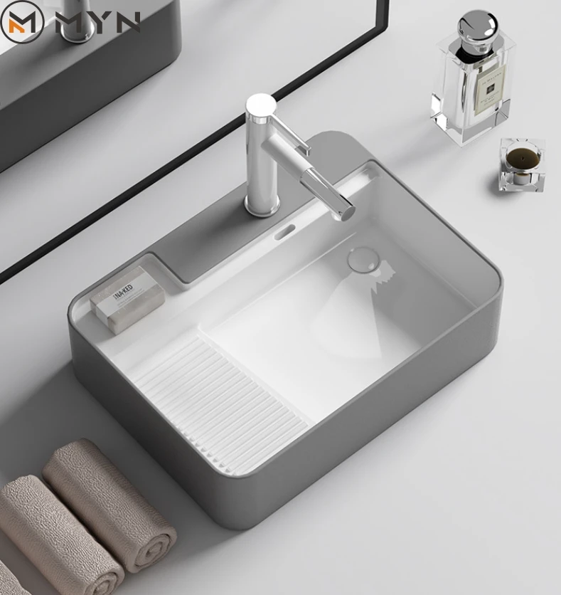 Factory Direct Selling Ceramic Grey Washing Machine Rectangular Countertop Laundry Room  Bathroom Sink with Washboard