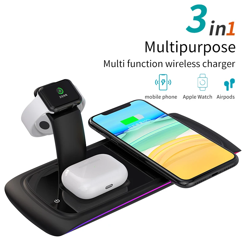 
Factory Whole sale 3 in 1 15W Q1 standard wireless fast charger for Airpods and watch and smart phone 