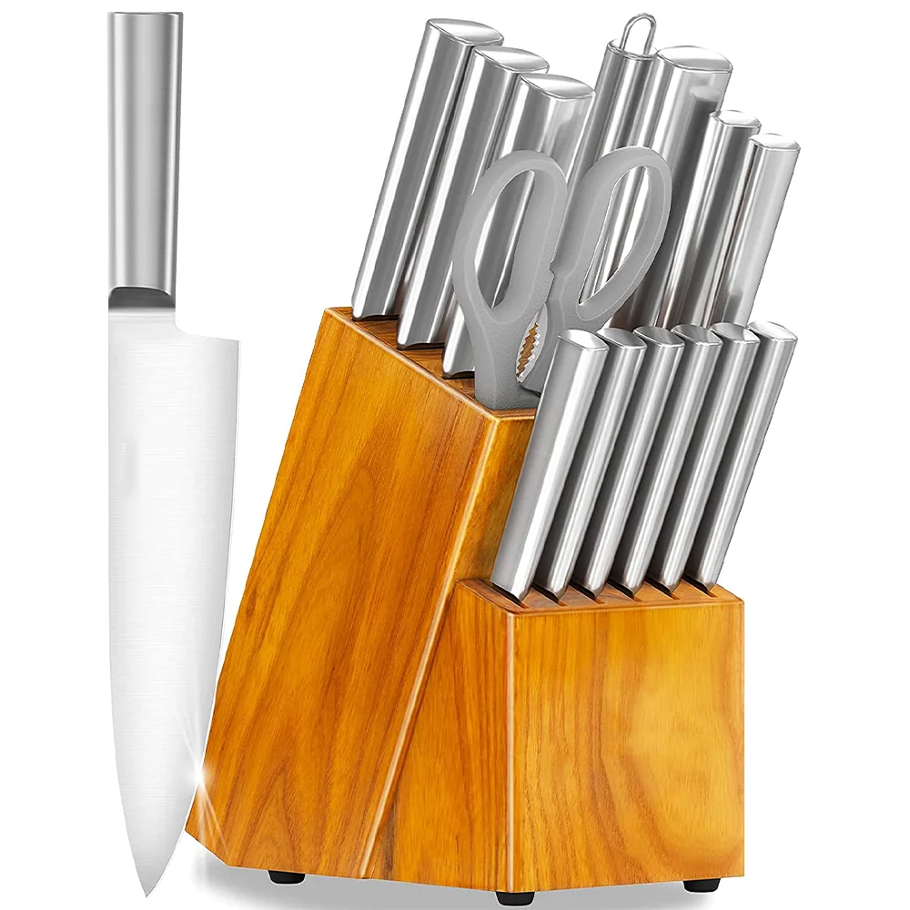 High Carbon German Stainless Steel 15 Pieces Kitchen Knife Set with Block 6 Steak Knives Cutlery wholesale china manufacturer