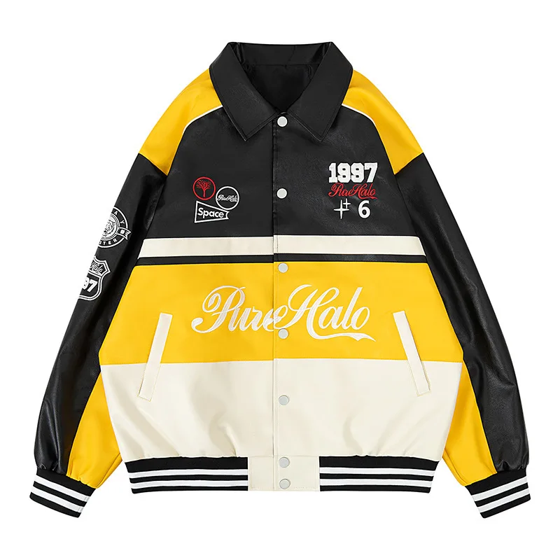 Custom Material Retro Lettermen Bomber Racing Jacket Color Blocking Heavy Duty Racing Suit Motorbike Jacket For Men