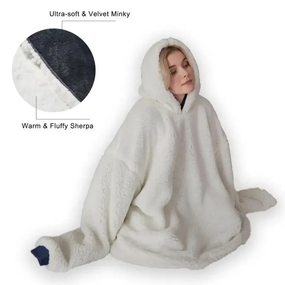 Nature warm soft sherpa large pocket wearable reversible hoodie watch TV oversized sweatshirt blanket