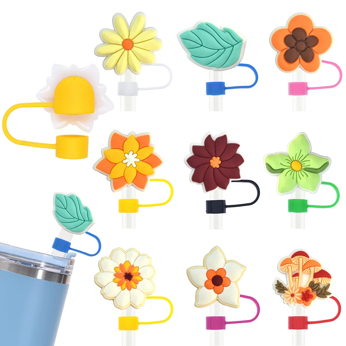 spots wholesale soft glue PVC reusable silicone straw topper creative cute flowers 10mm dustproof pipe cap
