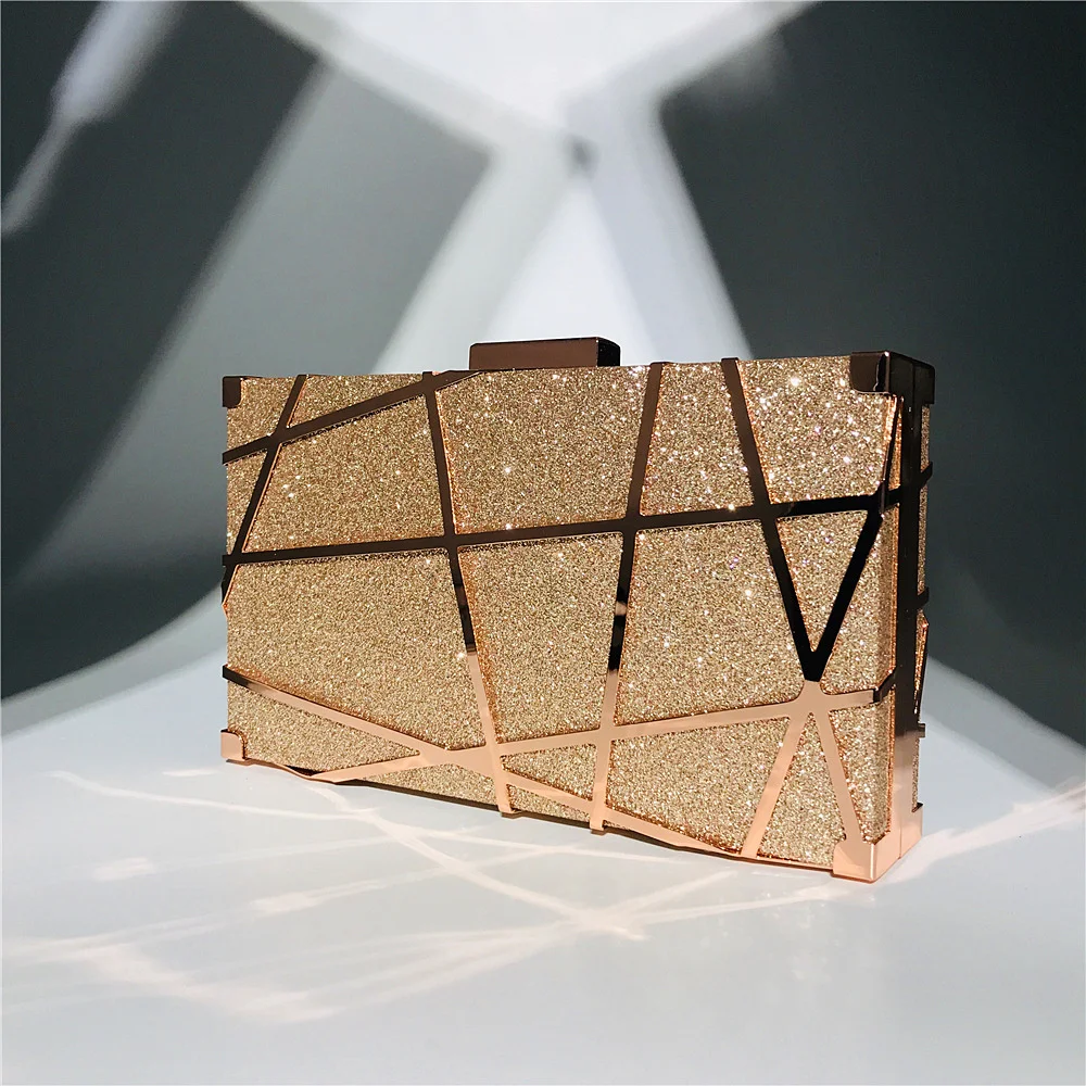 Amiqi HM31 Fashion Metal Frame Shiny Glitter Bag Geometric Box Wedding Bridal Party Messenger Bags Clutch Evening Purse