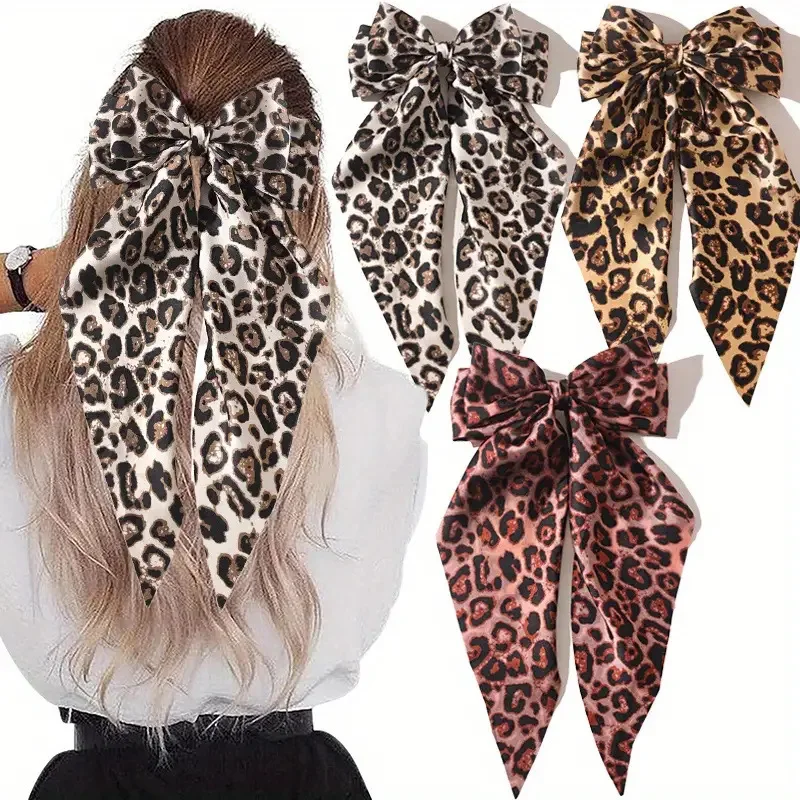 XIYIZI Autumn and Winter Leopard Print Fabric Satin Bowknot Spring Hair Accesspry Ponytail Hair Clip Daily Decorative