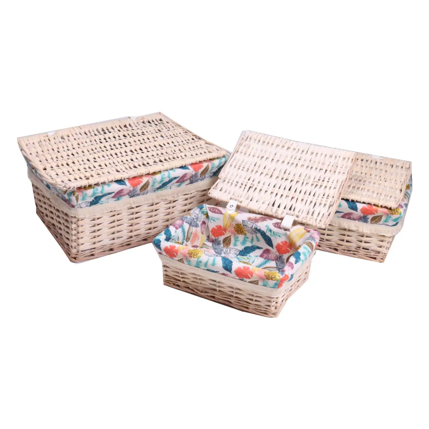 Pretty small rectangle wicker storage box with lids for home storage wholesale basket set of 3