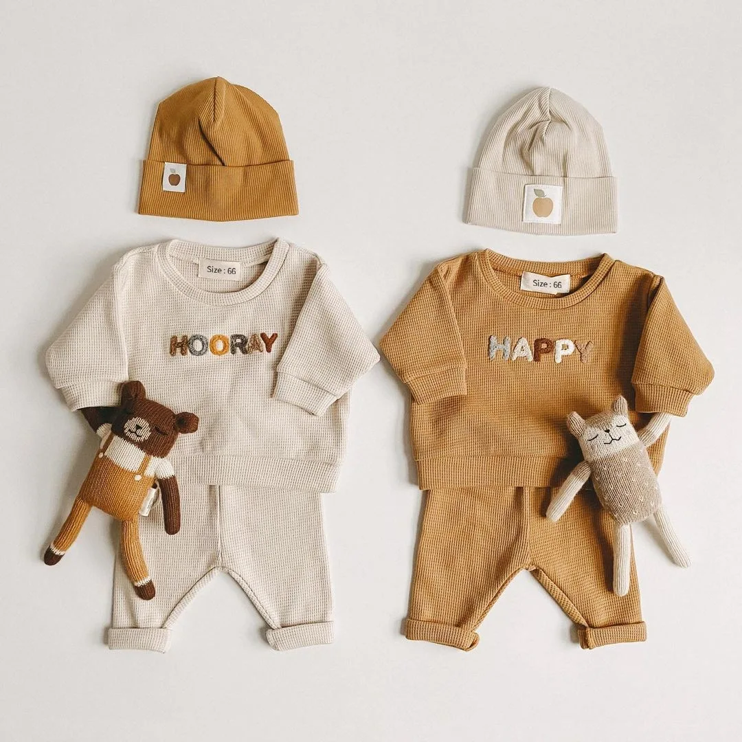 Spring Autumn Children Clothing Boys Girls Sweater Suit Waffle Letters Outer Wear Two Piece Set Fall Baby Clothes