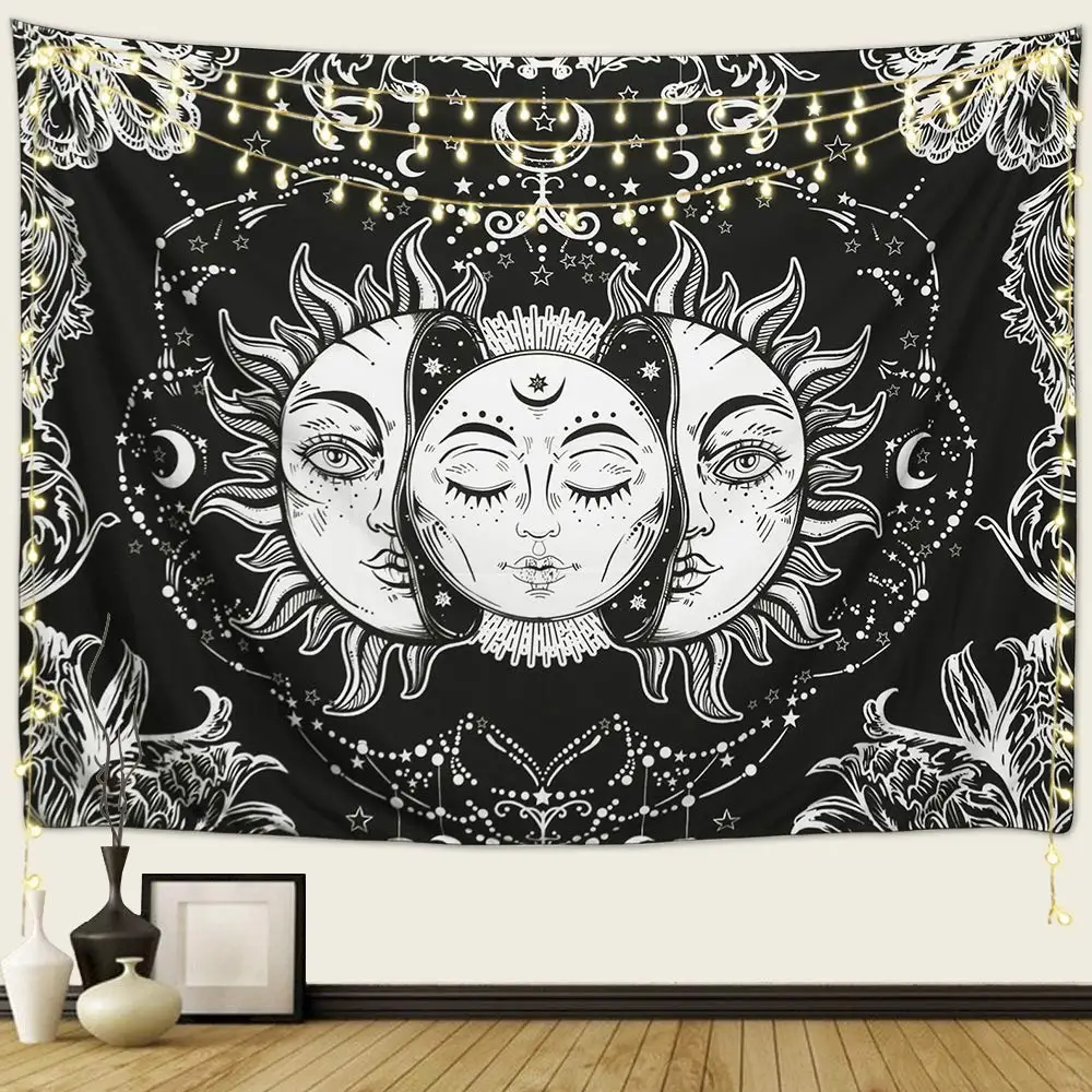 Custom New Boho Black Moon Sun Star Pattern Print Home Decor Background Fabric Blanket Hanging Tapestry For The Living Room Wall