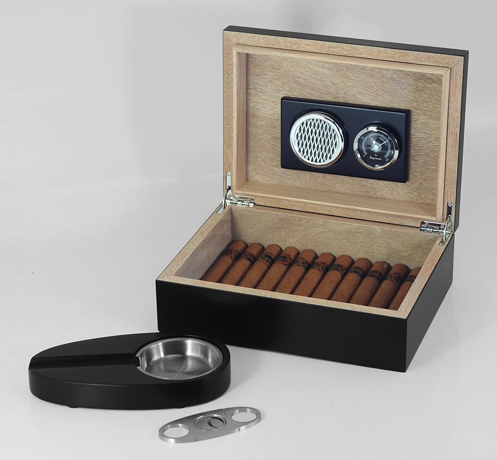 Sonny Wholesale Exquisite 12 To 20 CT Walnut Black Cigar Humidor Set With Cigar Ashtray Humidifier And Cutter