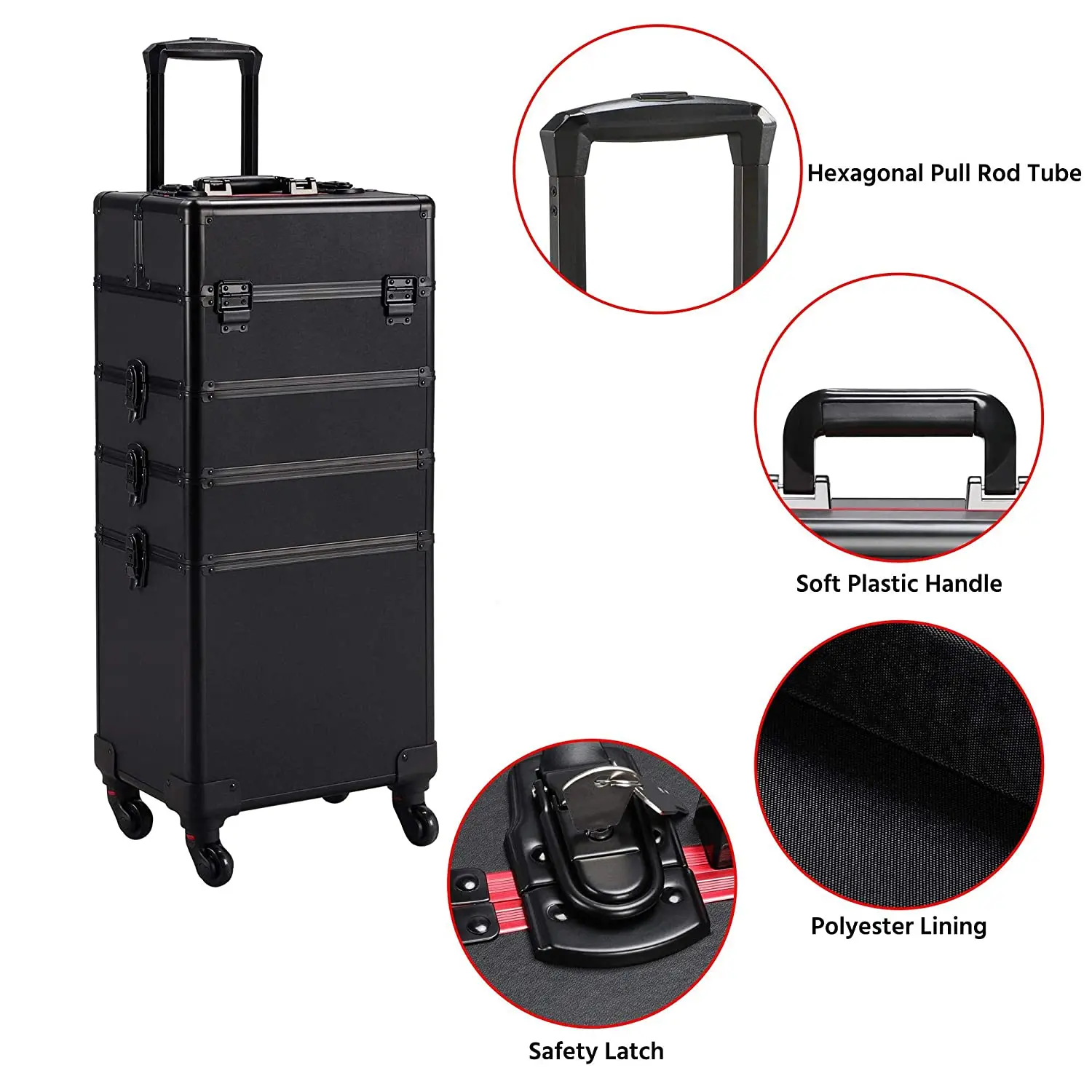 4 in 1 Premium Makeup Train Case 4 Wheels Rolling Cosmetic Trolley Lock Pull Rod Travel Artist Suitcase Portable