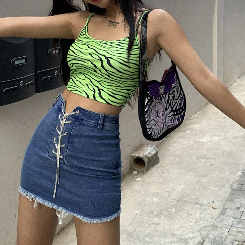 Summer Women Jean Short Skirts With Chain Strap Casual Denim Mini Pencil Skirts With Raw Edge High Waist