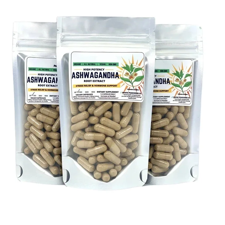 Organic Ashwagandha Vegan Capsules Pure Root Powder Extract Stress Relief Mood Enhancer Healthy Supplement 120 Pills OEM
