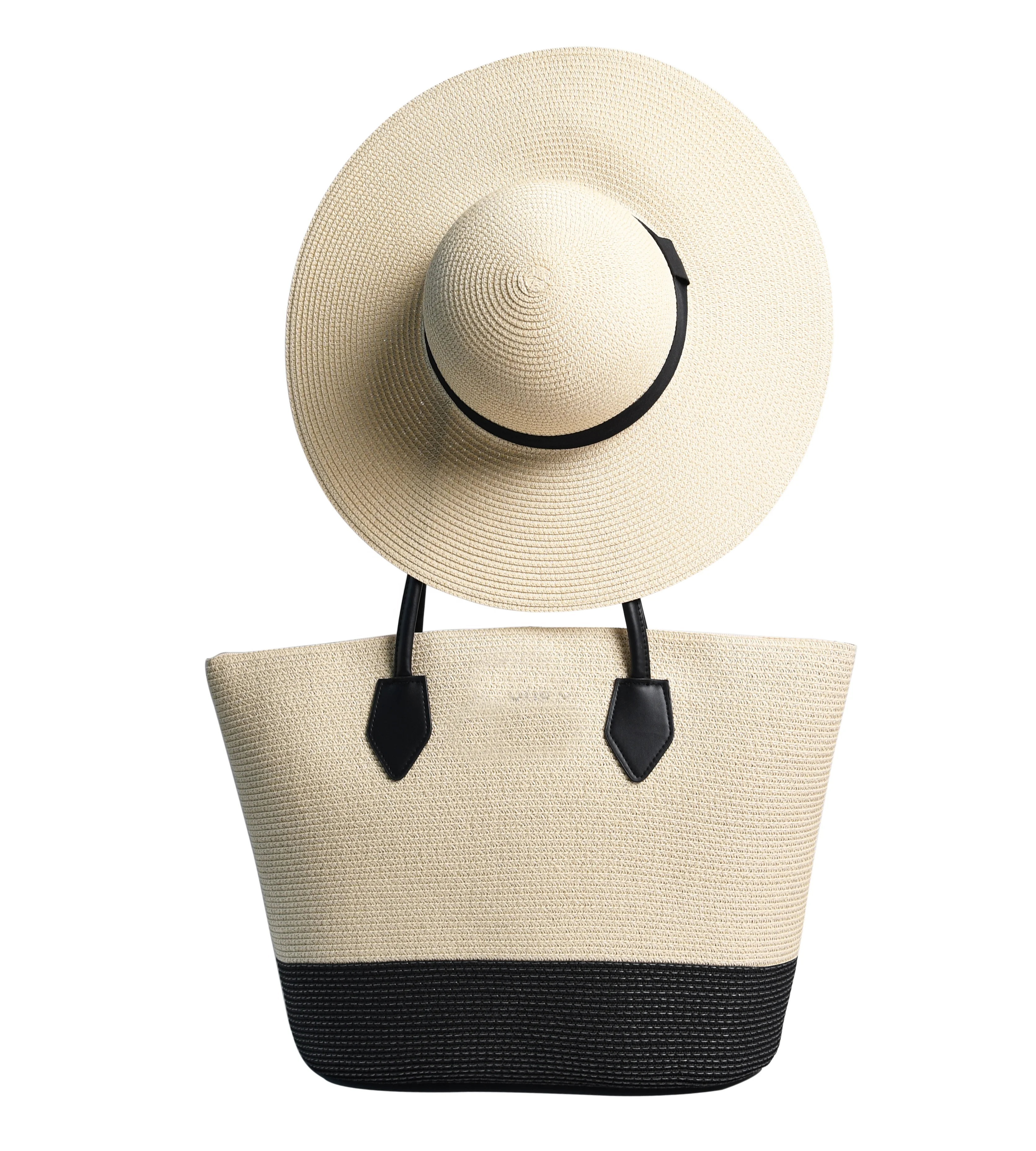Women Summer Leather Rope Handle Fashion Custom Logo Straw Beach Bag with Hat