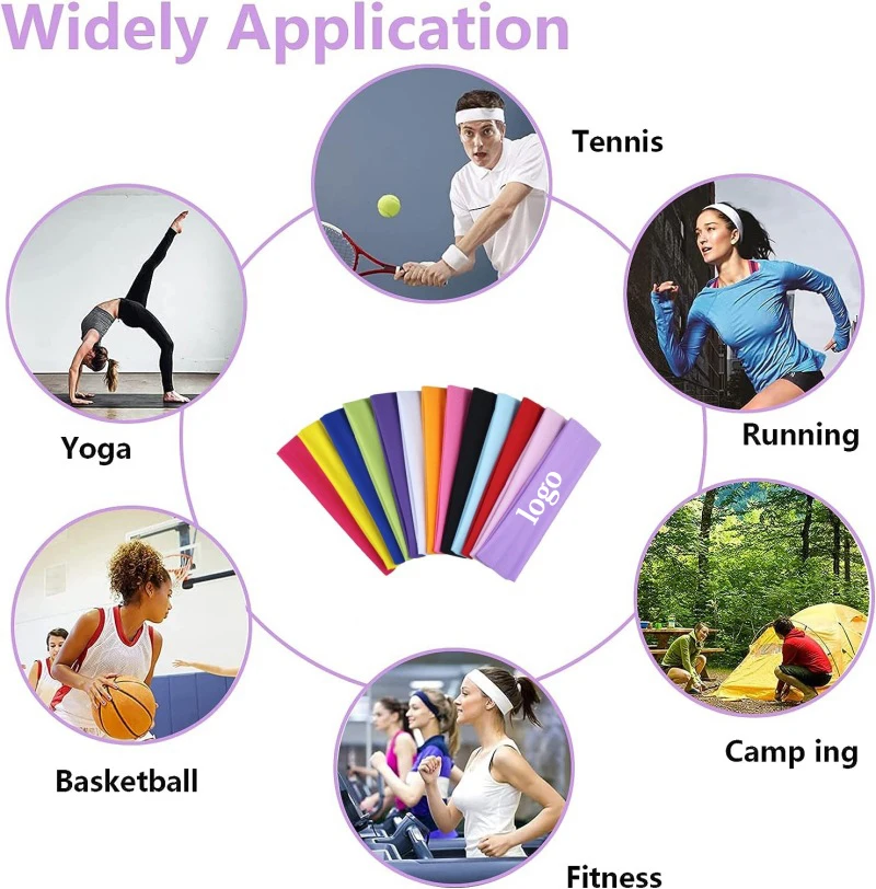 Factory wholesale custom logo printed sports headband for women men yoga running tennis fitness elastic sweatbands