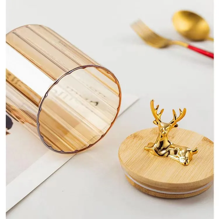 630ml/760ml/950ml/1100ml Kitchen Food Tea Coffee Bar Gold deer Glass Storage Jar With Gold Deer Airtight Bamboo Lid
