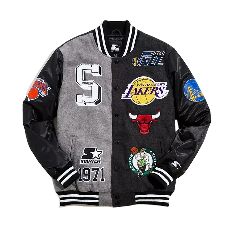 Patches Custom Cheap Dark Black Wool Jackets With Genuine White Cow Leather Sleeves Wholesale Letterman College Jackets