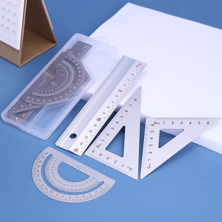 Поставщик для начальной школы канцелярские принадлежности кейс хранения оптовая продажа набор математических геометрических фигур учеников алюминиевых линейок наборы