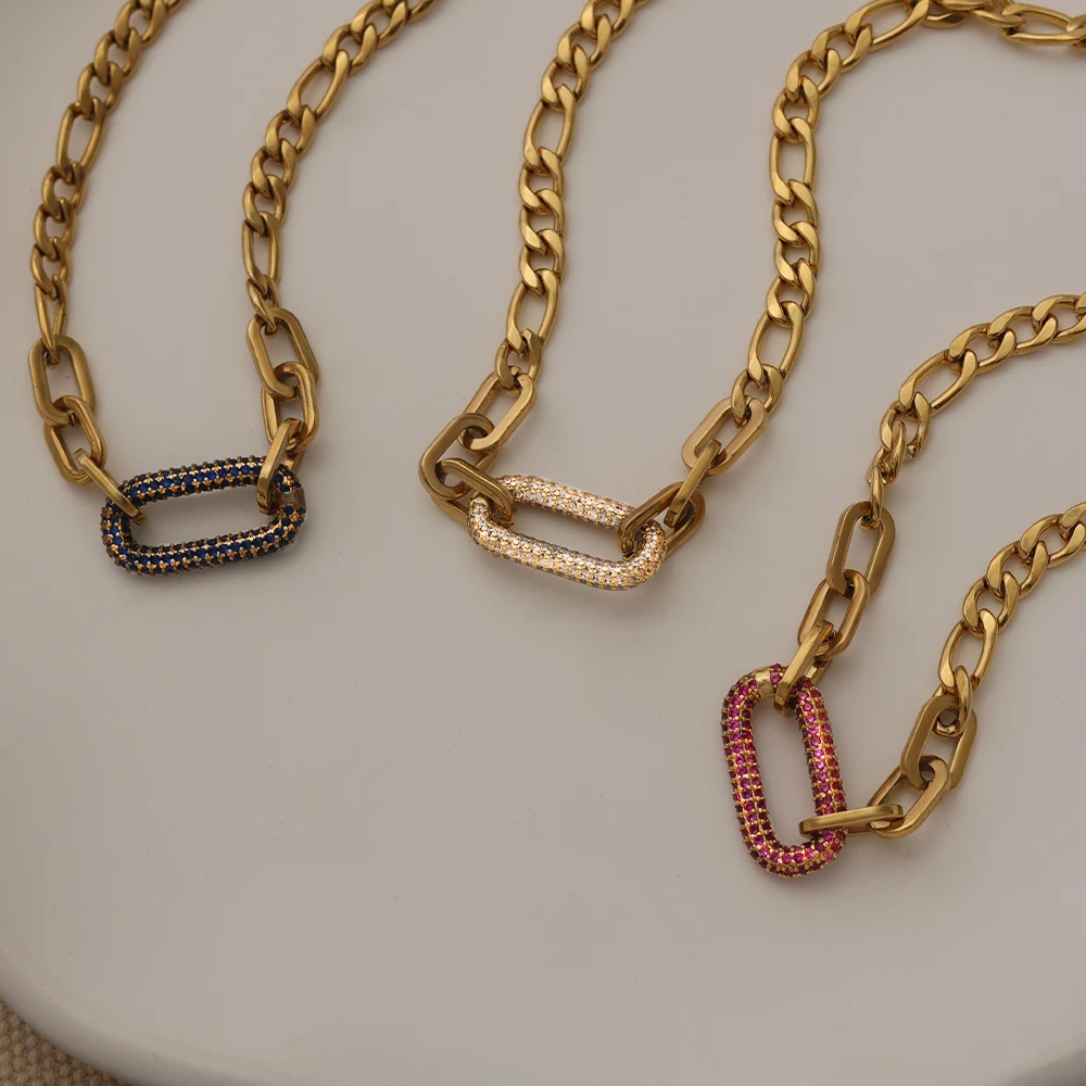 INS Fashion Chunky Chain Paving CZ Stone Pendant Minimalist Necklace 18K Gold Plated Paperclip Chain Carabiner Lock Necklace