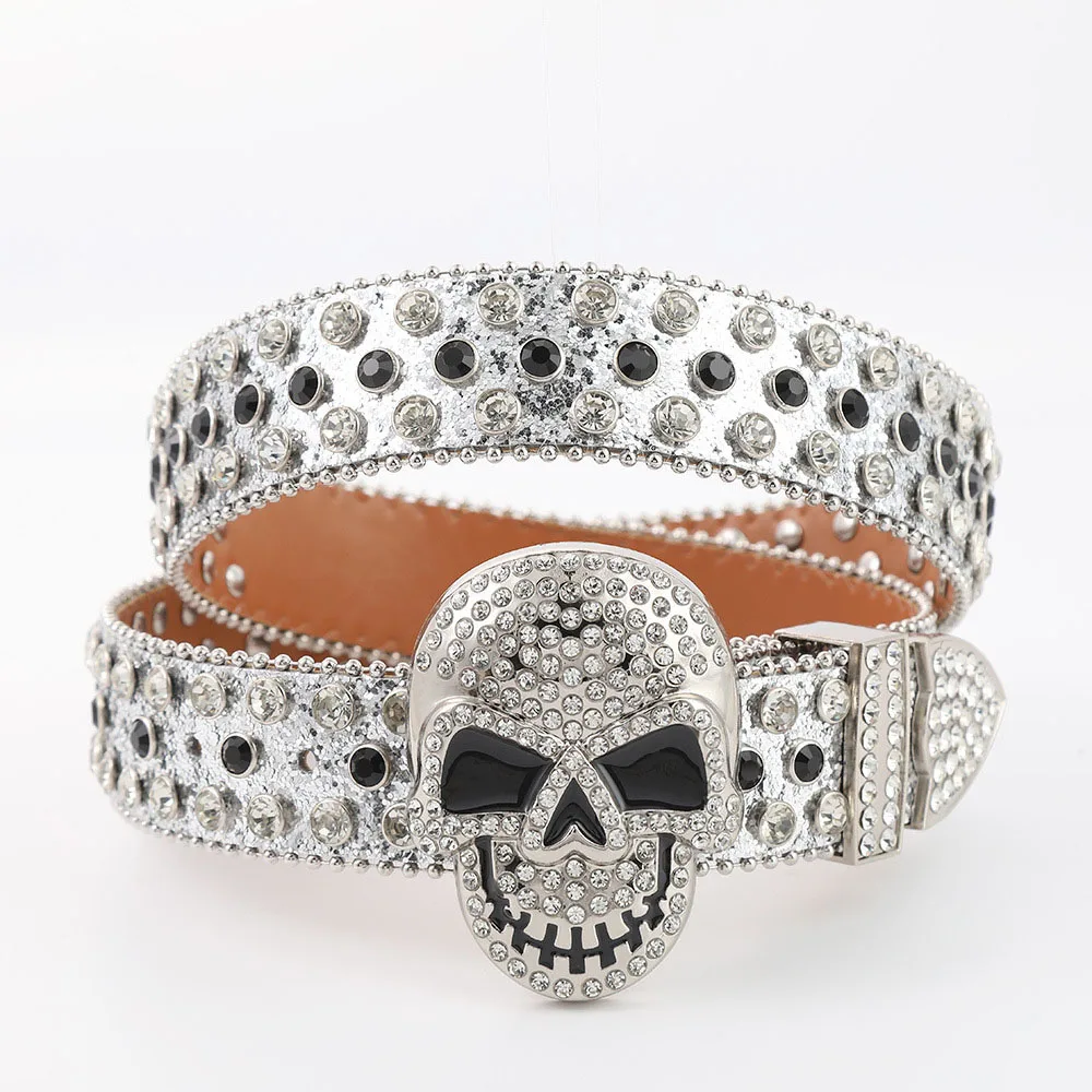 Wholesale Western Crystal Belt Punk Riveted Rhinestone Belt Gothic Skeleton Rhinestone Skull Belt Men Punk Fashion