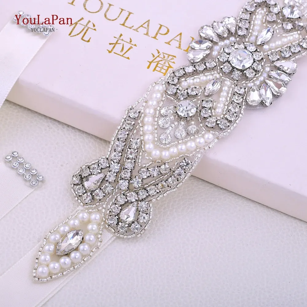 YouLaPan S208 Shiny Woman Silver Rhinestone Crystal Diamond Piece Belt Handcrafted Exquisite Dress Applique Wedding Bridal Belt