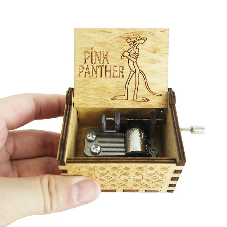 Wholesale 18 Notes Hand Crank Wooden Engraved Pink Panther Theme Music Box