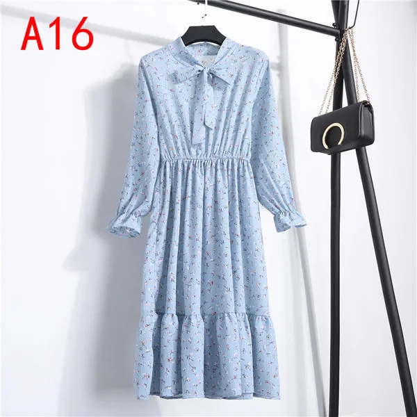 S-3XL 31 colors Spring Summer Custom Logo Long Sleeve Floral Printed Polka Female Midi Casual Chiffon Dresses for Women