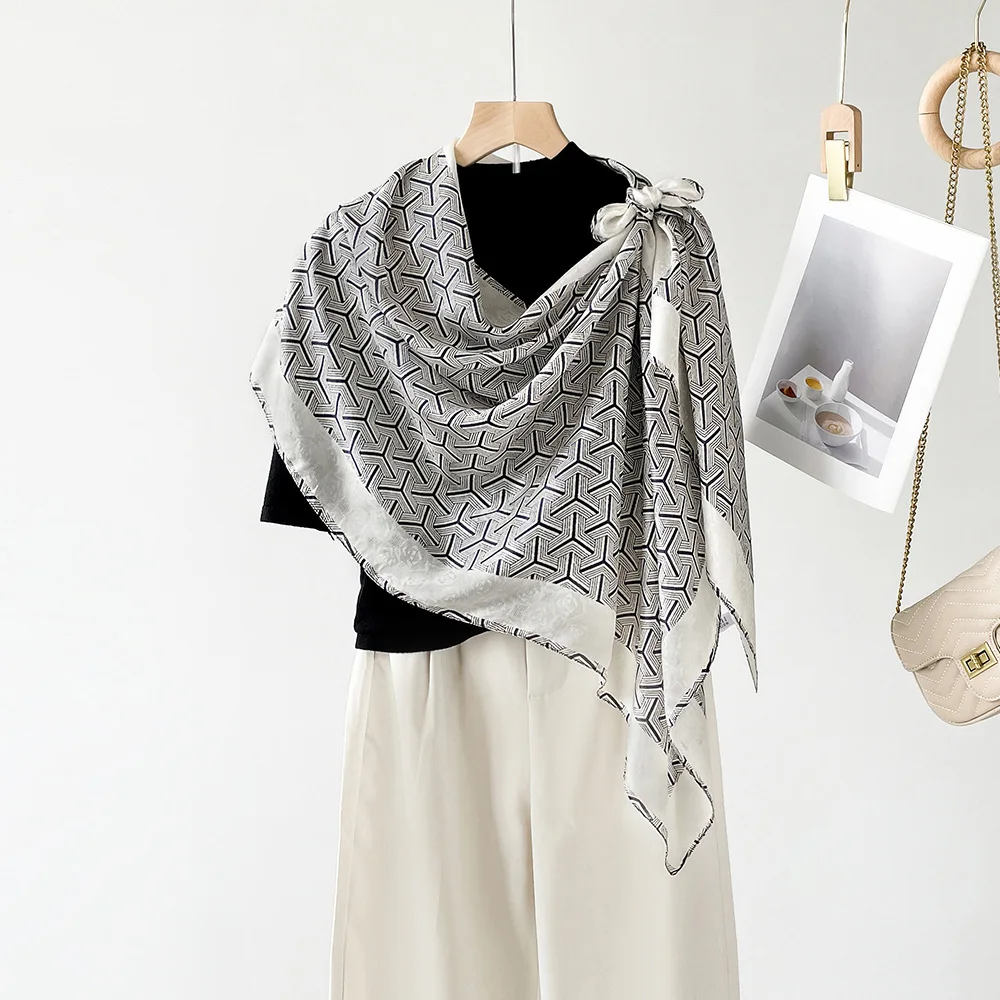 Black Brocade Outdoor Custom screen Digital printed silk scarf design beach brocade long shawl for women foulard en soie