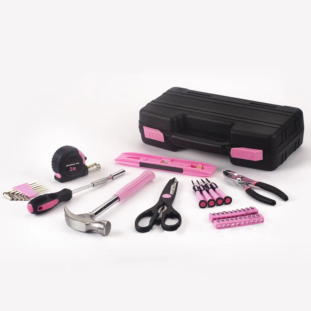 Plastic toolbox storage case screwdriver plier hex key hammer hardware tools 39 Pieces Hand Pink Tools Kit Set