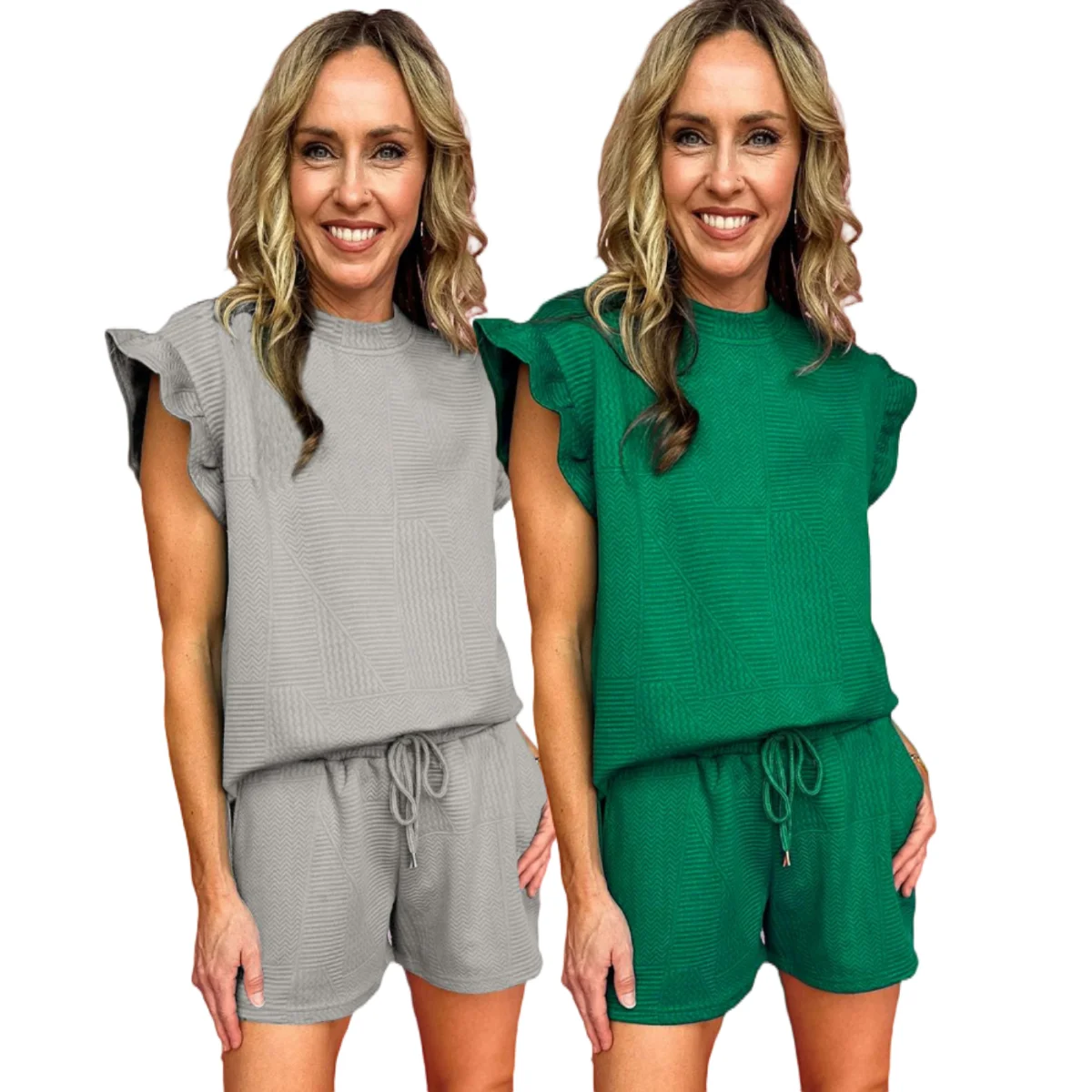 2024 Wholesale Fashion 2 Piece Summer Vacation Outfits Skobeloff Textured Ruffle Split Top and Drawstring Shorts Set