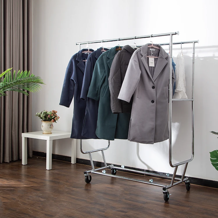 Factory Wholesale Double Rails Rolling Modern Heavy Duty Clothing Rack With Wheels Heavy Duty Clothing Garment Rack