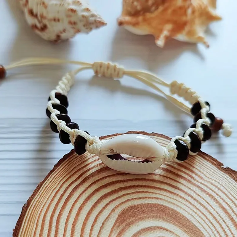 Summer jewelry Natural Wooden Disc Beads Sea Shell Braided Bracelet Adjustable Wax Cord Woven Handmade Ocean Beach Bracelet