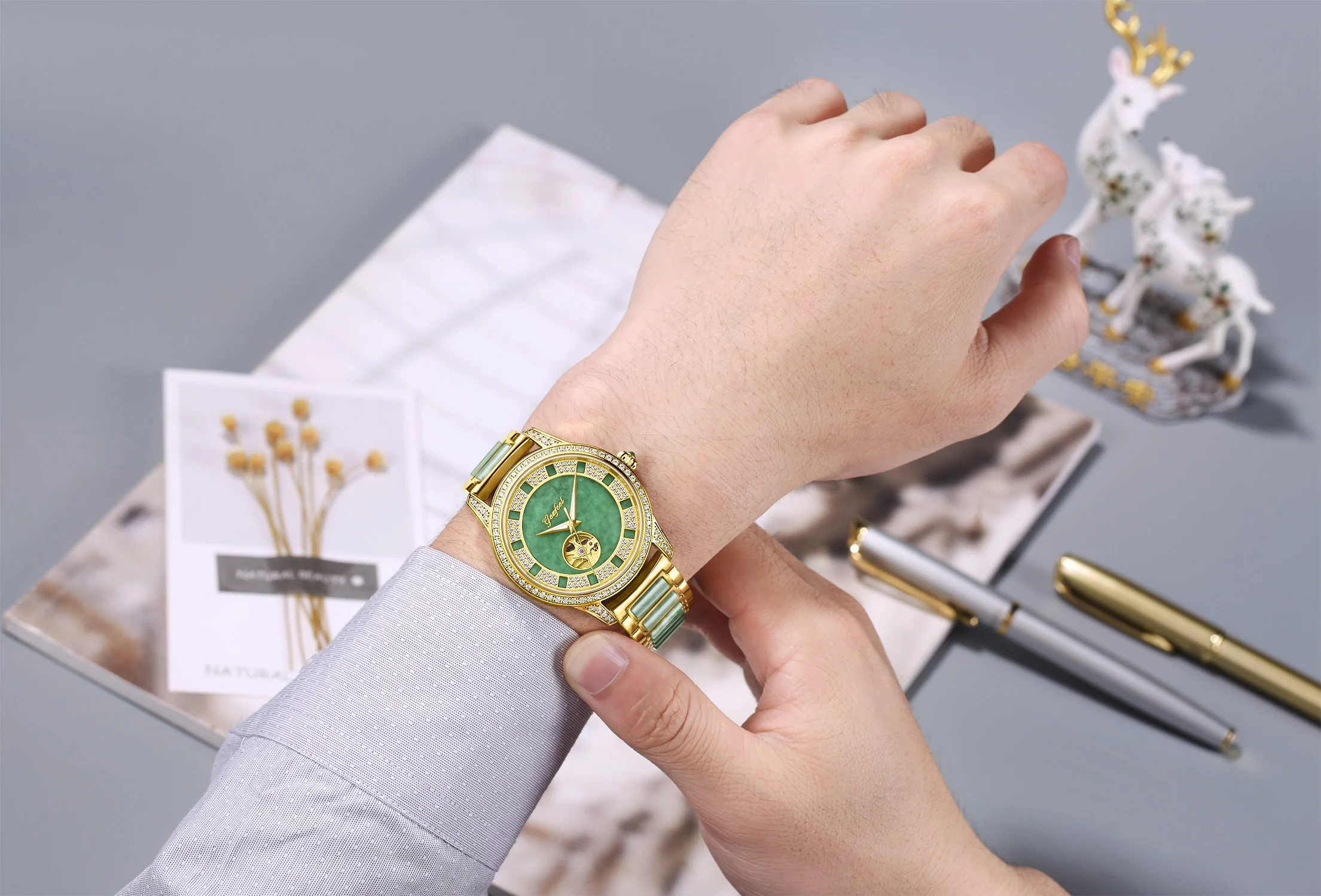 RTS Stainless Steel With Jade Wrist Watch Japan Movement Mechanical Watches for Women and Men