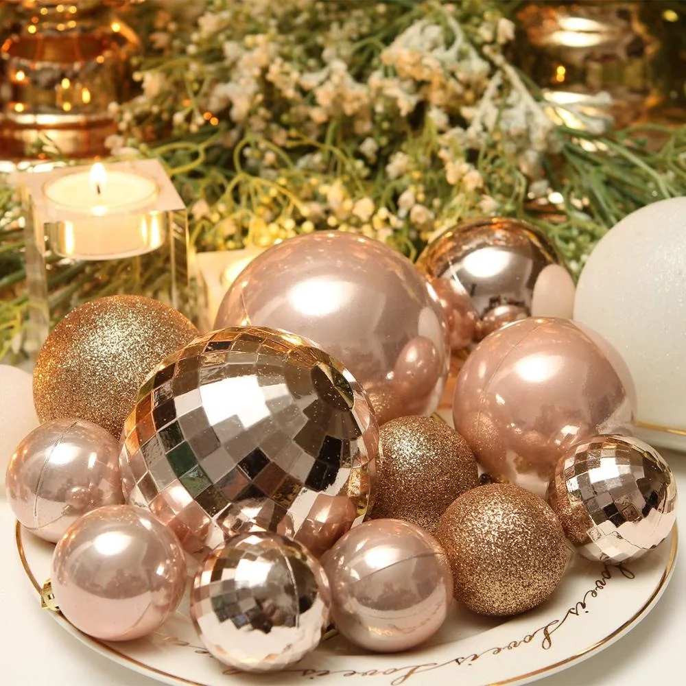 Personalized Christmas Tree Decoration Hanging Bauble Set 87ct Assorted Shatterproof Plastic Rose Gold Christmas Ball Ornaments