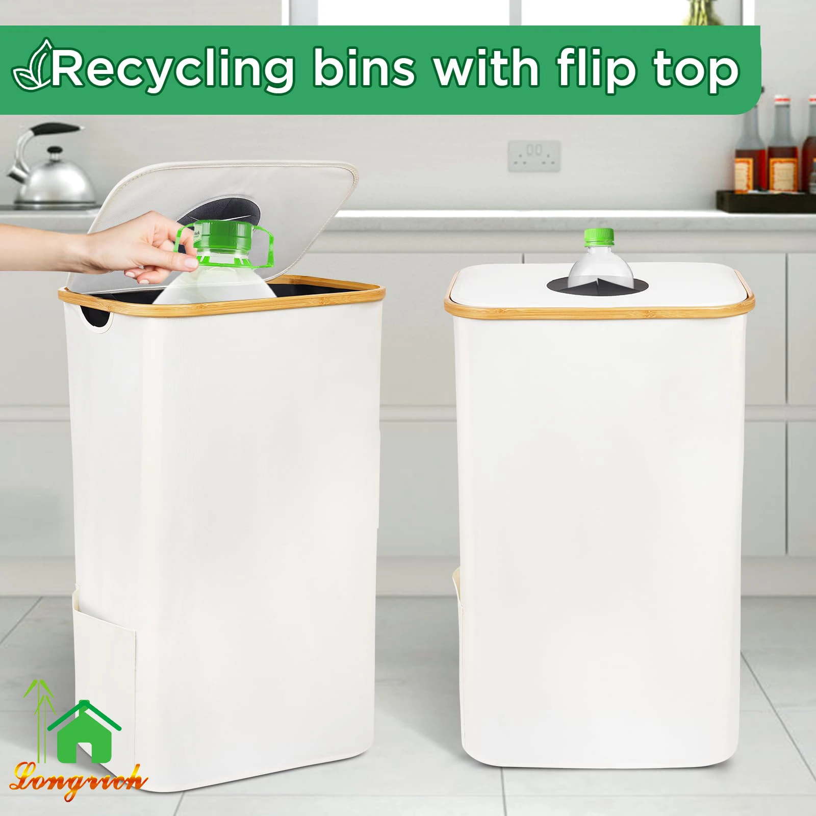 100L Deposit Bottle Storage  Bamboo Black Kitchen Recycling Bin Bottle Collection Container with Lid Removeable Inner Bag