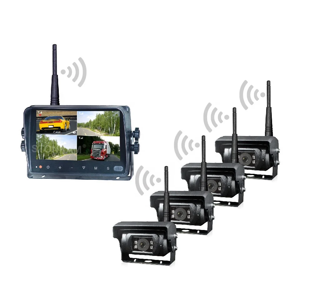 Rear view wireless camera monitor for car truck bus which support quad view and auto pairing