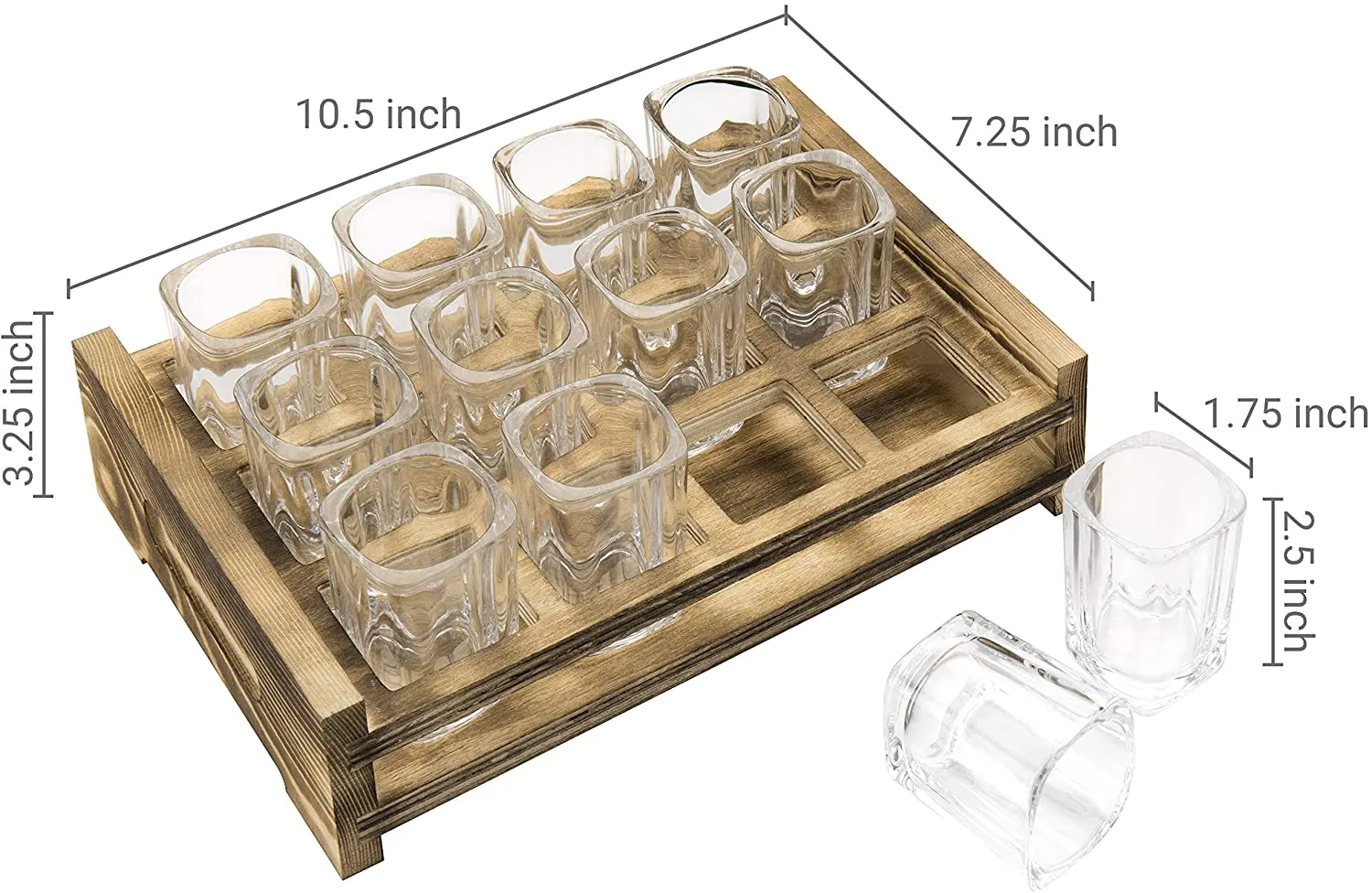 Shot Glasses Server Set Includes 12 Square Glasses and Whitewashed Wood Serving Tray