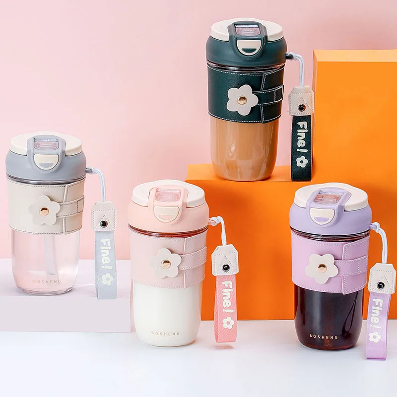 New 400ml 500ml cute kids portable flower coffee rope handle leather case cover water bottle plastic