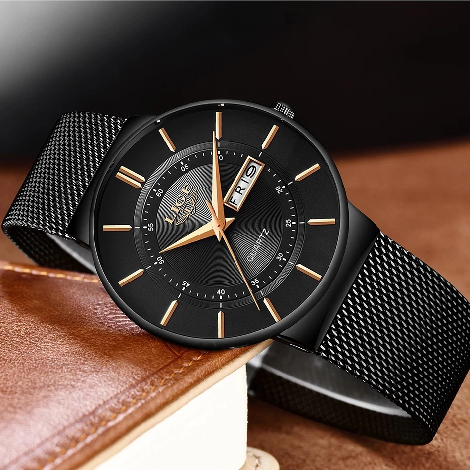 LIGE 9949 low price high quality men quartz watch Chronograph PU leather band Waterproof Mesh Strap water proof in stock
