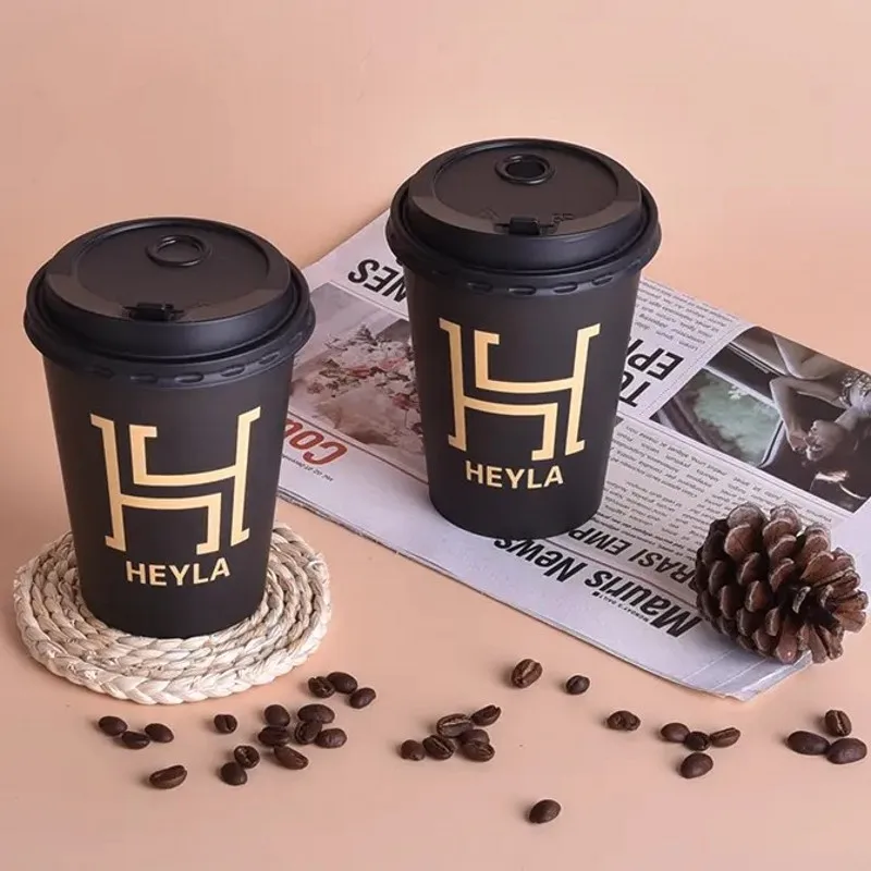 Factory Customize 8oz/12oz/16oz black hot drink paper cup single wall disposable paper coffee to go cup with Lid