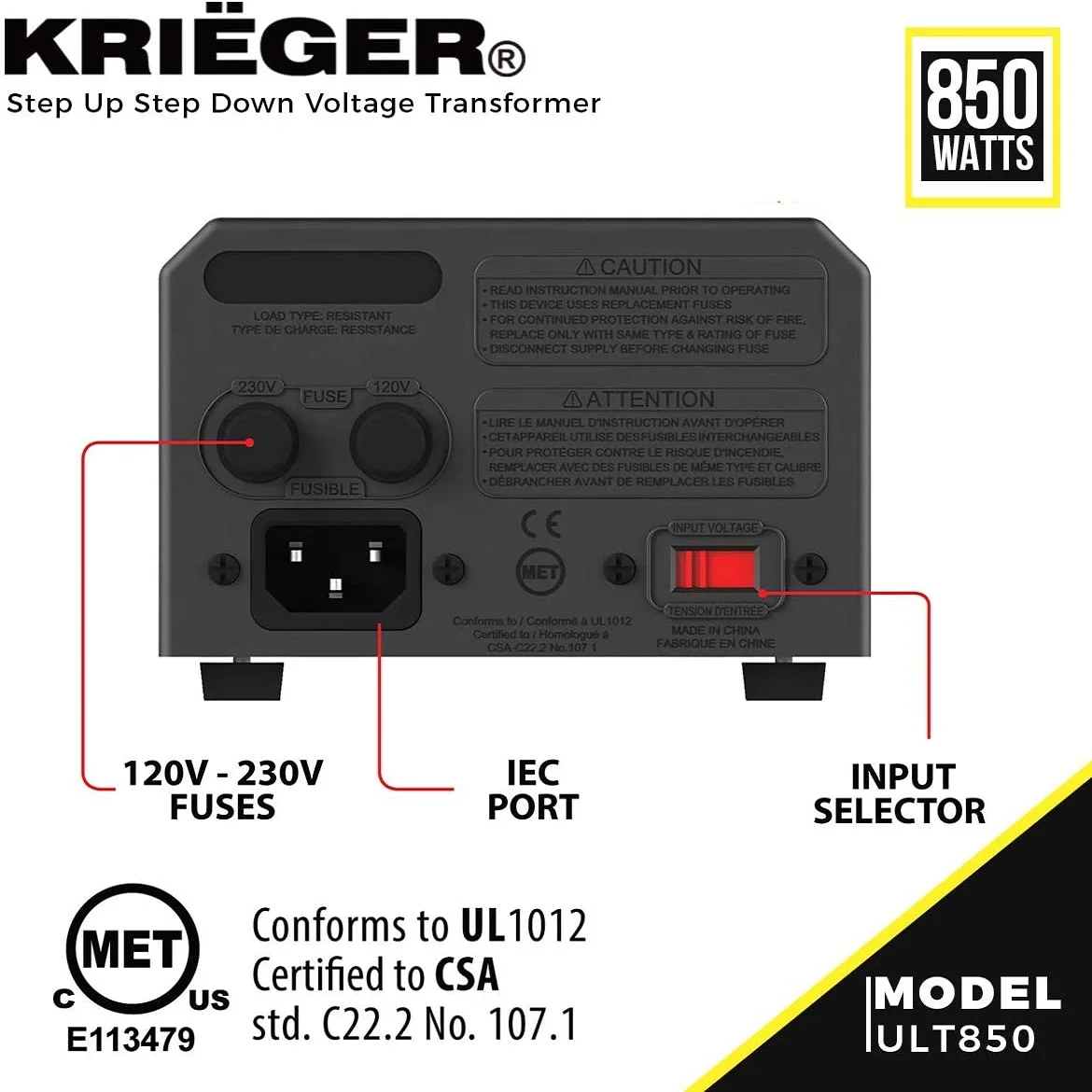Krieger 850 Watt Voltage Transformer 110/120V to 220/240V Step Up Step Down Voltage Converter MET Approved
