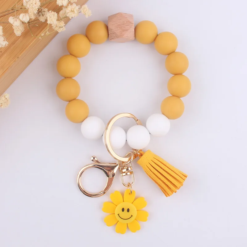 Portable Silicone Key Chain Wristlet Yellow House Car Keychain Beaded Key Ring Bracelet for Women Men Key Chain Holder